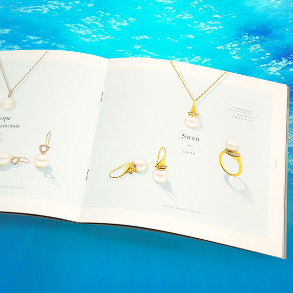 Corporate brochure for Kailis Pearls includes foiling and embossing finishing processes.